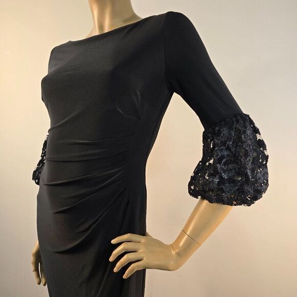 LAUREN RALPH LAUREN Dress Navy Black Lace Bell Sleeve Ruched Sheath Womens Sz 4 - Picture 3 of 12